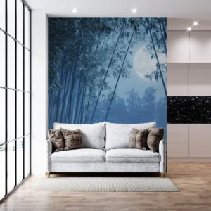 A serene bamboo forest at night with moonlight reflecting on water.||