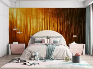 Tranquil bamboo forest with warm golden light