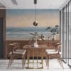 A serene beach scene with calming colors of blue and beige.
