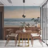 A serene beach scene with calming colors of blue and beige.||