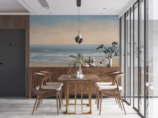 A serene beach scene with calming colors of blue and beige.