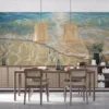 A serene beach with gentle waves lapping at the shore|showcasing beautiful shades of blue and beige.|