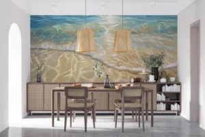 A serene beach with gentle waves lapping at the shore|showcasing beautiful shades of blue and beige.|