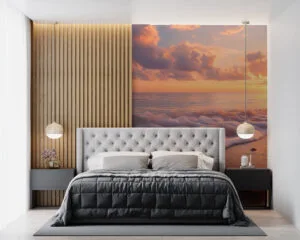 Serene beach scene at sunset with gentle waves and warm colors
