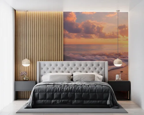Serene beach scene at sunset with gentle waves and warm colors