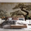 Stylized bonsai trees in a serene landscape with intricate branches and earthy tones.