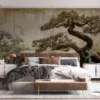 Stylized bonsai trees in a serene landscape with intricate branches and earthy tones.||