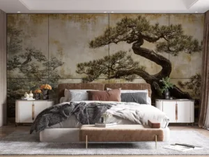 Stylized bonsai trees in a serene landscape with intricate branches and earthy tones.||