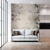Stylized trees with cherry blossoms in a serene landscape||