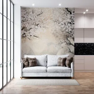 Stylized trees with cherry blossoms in a serene landscape