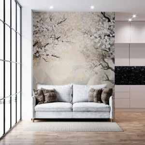 Stylized trees with cherry blossoms in a serene landscape||