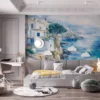 Watercolor painting of a serene coastal landscape with rocky coastline and white buildings.||