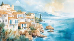 Alternative view of Serene Coastal Scene in Watercolor Wall Mural