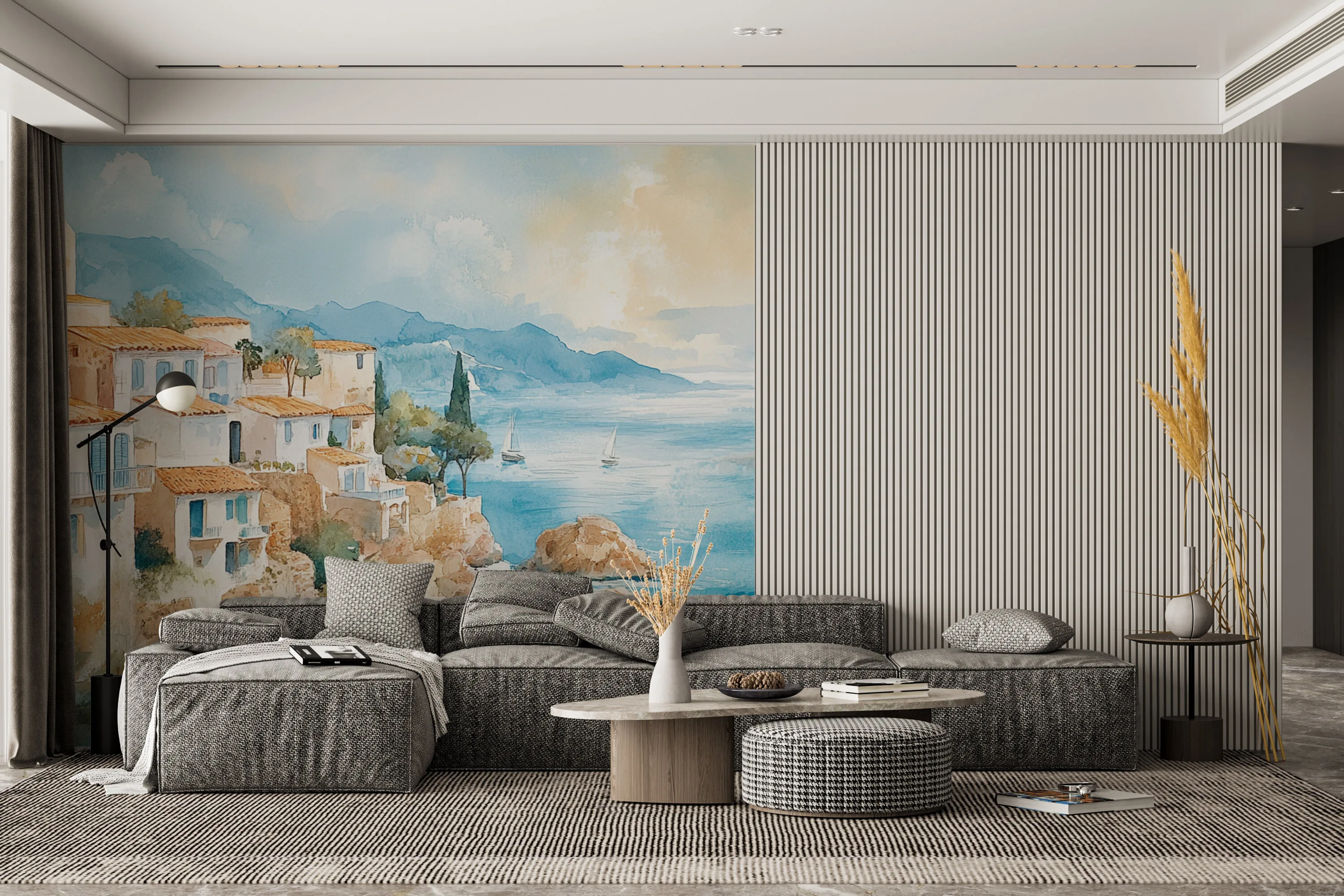Rendered wallpaper image for Serene Coastal Scene in Watercolor Wall Mural