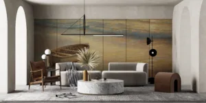 Peaceful beach scene with a small boat at sunset|showcasing warm reflections on calm water.|
