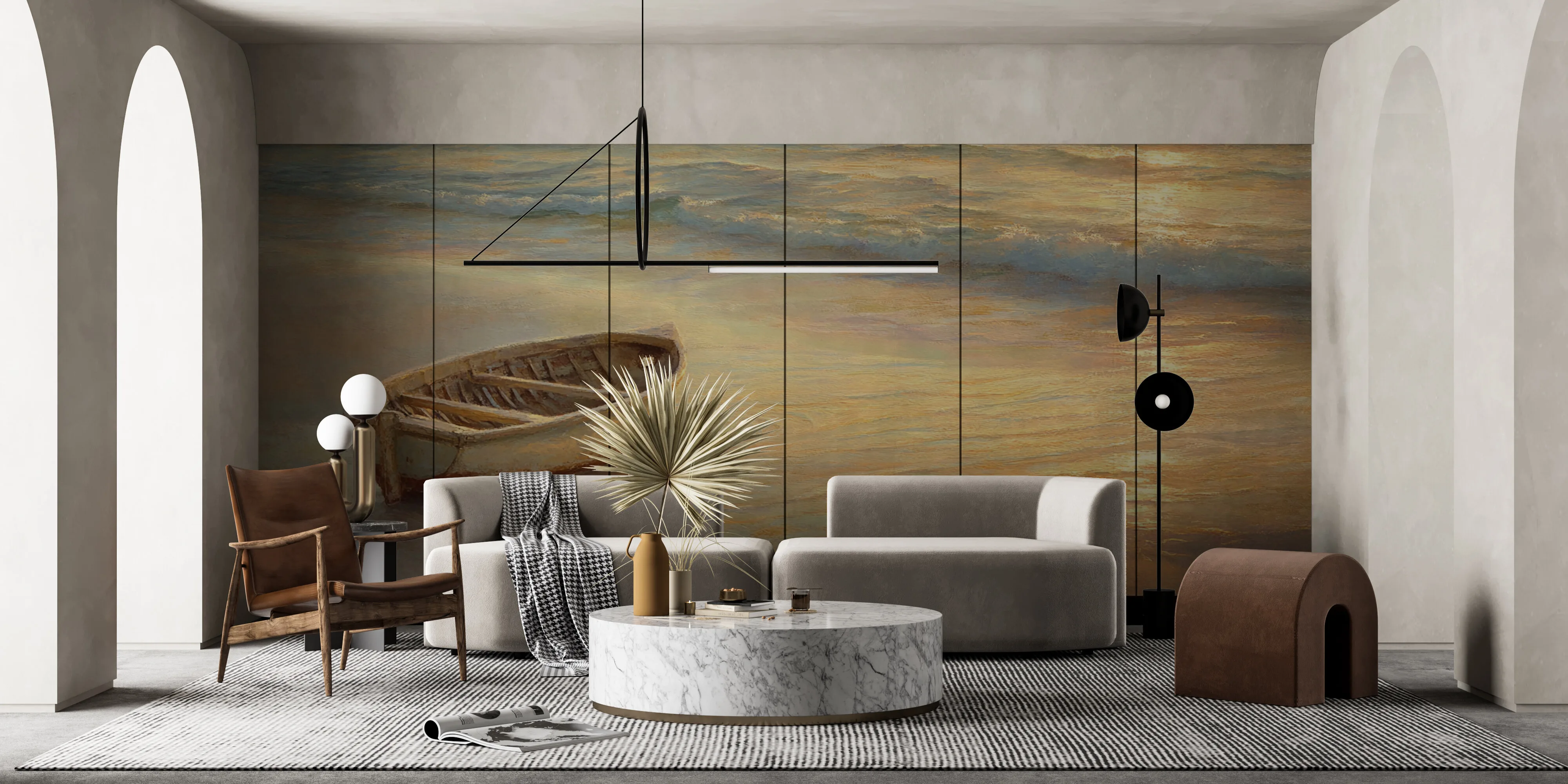 Rendered wallpaper image for Serene Coastal Scene with Small Boat Wall Mural