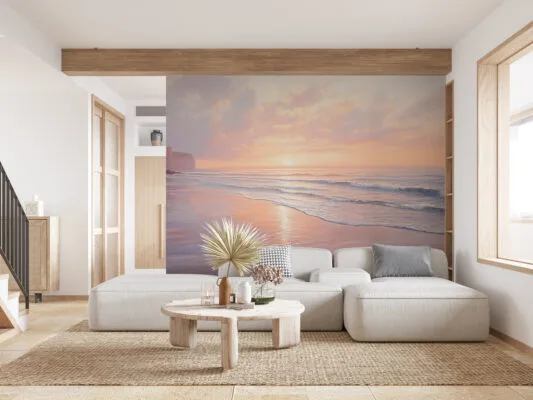 A serene coastal landscape at sunrise with gentle waves and soft pastel colors.