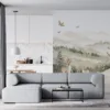 Two young deer in a serene mountainous landscape with lush greenery and soft earth tones.||