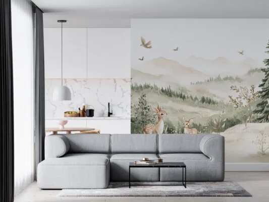 Two young deer in a serene mountainous landscape with lush greenery and soft earth tones.