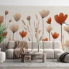 Stylized flowers and grasses in soft whites|warm reds|and earthy browns.