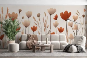 Stylized flowers and grasses in soft whites|warm reds|and earthy browns.