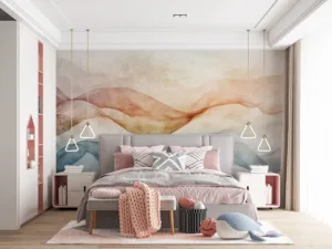 Abstract design with flowing lines in soft shades of orange|brown|and blue.