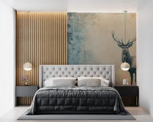 A solitary deer in a textured forest setting with shades of blue and earthy tones.