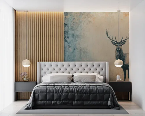 A solitary deer in a textured forest setting with shades of blue and earthy tones.