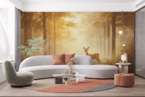 Young deer in a serene forest illuminated by golden light||