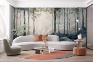 A serene forest scene with tall trees and soft light|creating a tranquil atmosphere.|