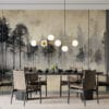 Misty forest landscape with tall trees and a tranquil atmosphere.
