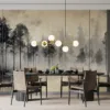 Misty forest landscape with tall trees and a tranquil atmosphere.||