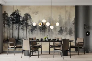 Misty forest landscape with tall trees and a tranquil atmosphere.||