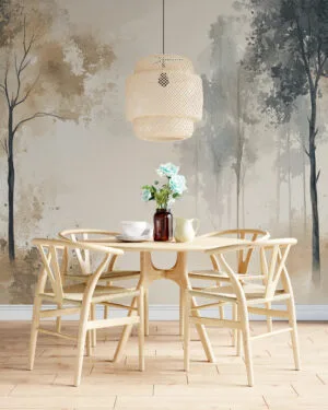 Serene forest watercolor scene with tall trees and soft muted colors.