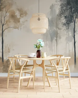 Serene forest watercolor scene with tall trees and soft muted colors.||