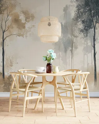 Serene forest watercolor scene with tall trees and soft muted colors.