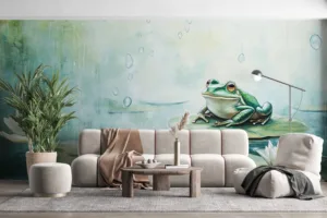 A frog sitting on a lily pad in a peaceful body of water|surrounded by soft greens and blues.|
