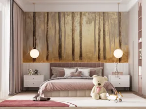 Abstract forest scene in shades of gold|brown|and gray