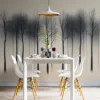 Artistic representation of bare trees in a serene minimalist setting.||