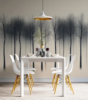 Artistic representation of bare trees in a serene minimalist setting.||