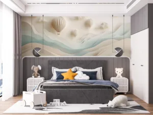 Serene landscape with hot air balloons in soft pastel colors.||
