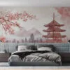 Traditional Japanese landscape artwork with pagoda and cherry blossoms