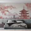 Traditional Japanese landscape artwork with pagoda and cherry blossoms||