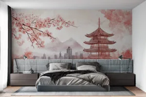 Traditional Japanese landscape artwork with pagoda and cherry blossoms