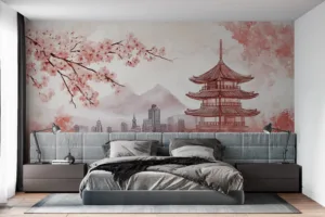 Traditional Japanese landscape artwork with pagoda and cherry blossoms||