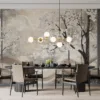 Stylized trees and flowers in a serene landscape with a muted color palette.||