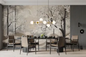 Stylized trees and flowers in a serene landscape with a muted color palette.||