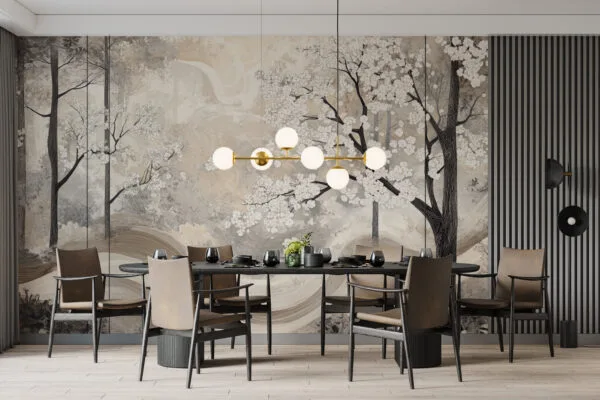 Stylized trees and flowers in a serene landscape with a muted color palette.