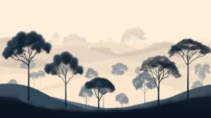 Alternative view of Serene Landscape with Stylized Trees Wall Mural