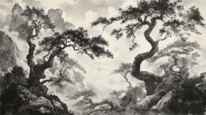 Alternative view of Serene Landscape with Twisted Trees Wall Mural